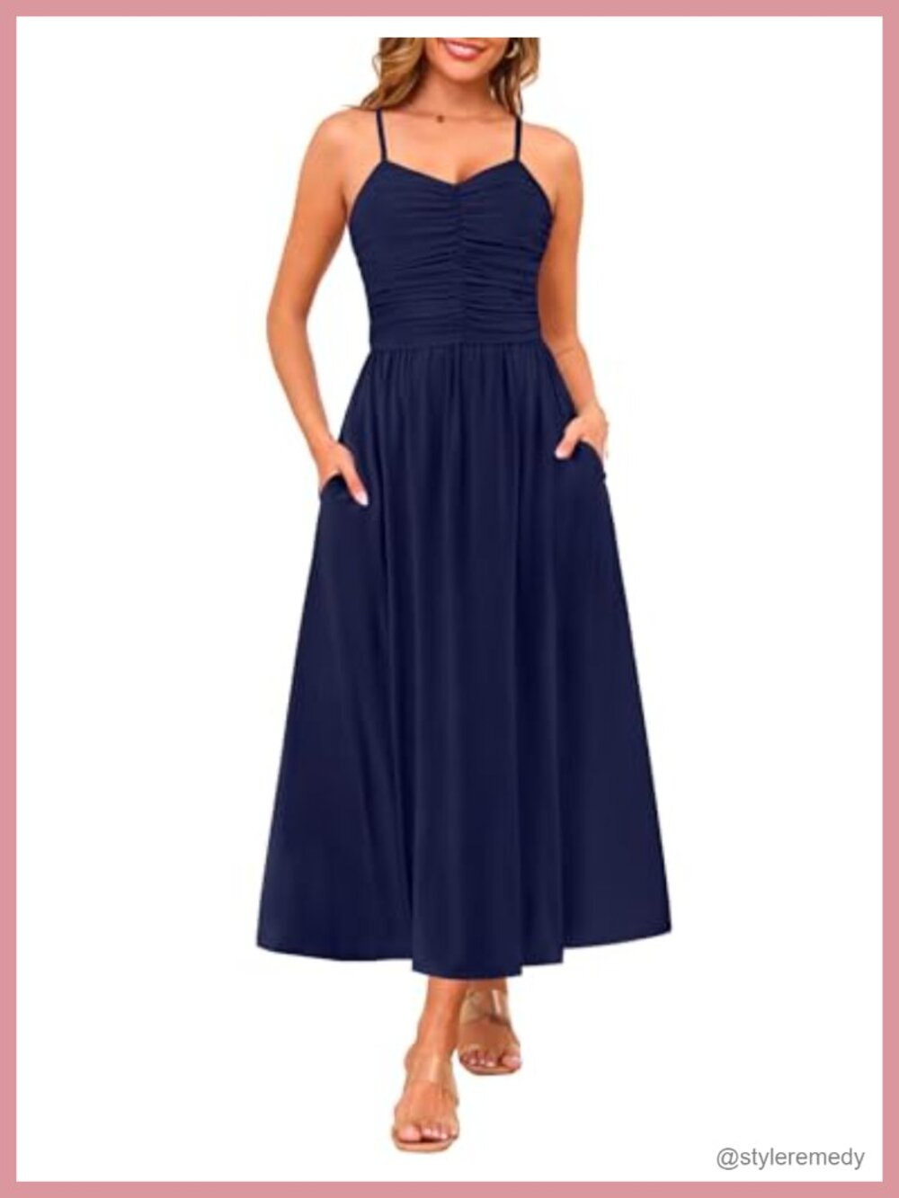 Women's Adjustable Spaghetti Strap Ruched Maxi Sun Dress with Pockets